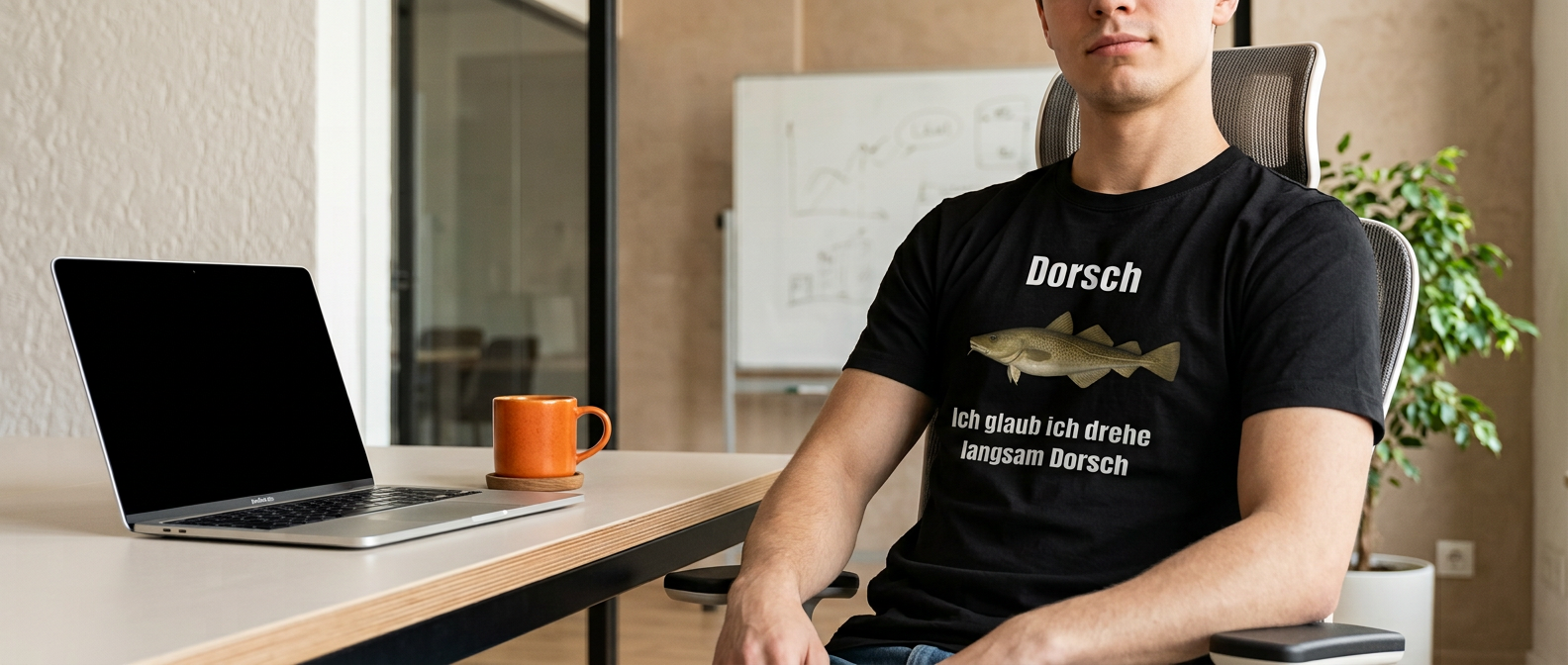 Mitarbeiter im Büro trägt T-Shirt mit lustigem Spruch über den Chef – Konter für Meeting und Montag