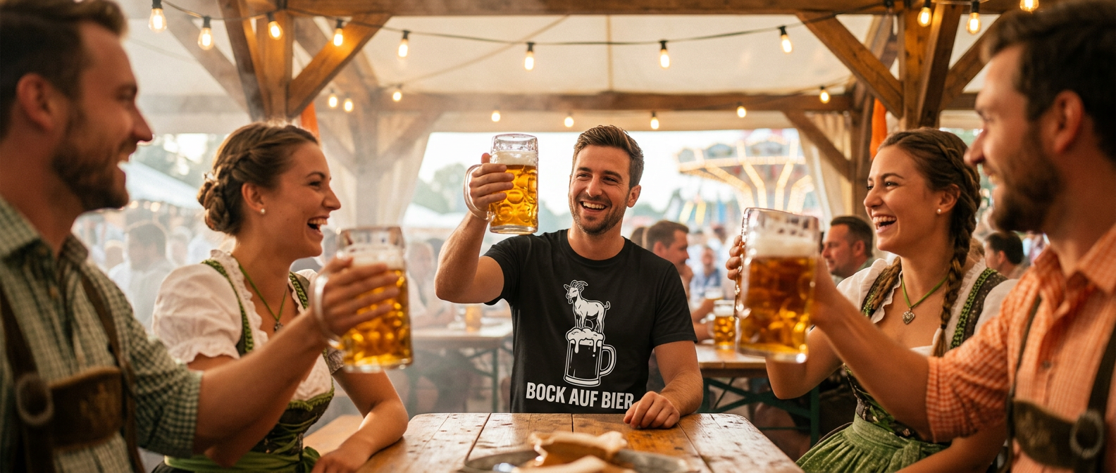 Freunde stoßen im Bierzelt mit Maßkrügen an, einer im Shirt mit Oktoberfest-Spruch – Wiesn-Sprüche fürs Shirt