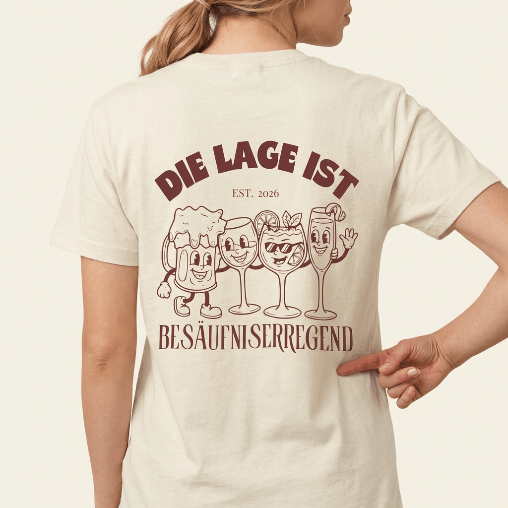Naturbeiges Saufshirt mit großem Rückenprint „Die Lage ist besäufniserregend" und vier Retro-Cartoon-Getränken, Vorderseite ohne Druck
