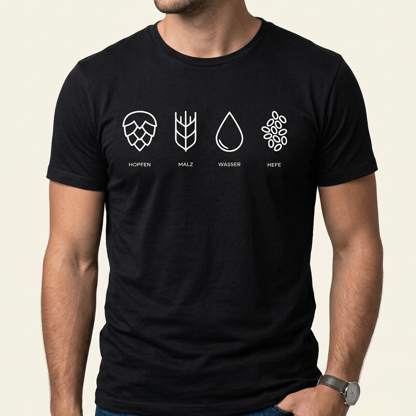 Schwarzes Bier T-Shirt mit minimalistischen Icons der vier Bier-Zutaten Hopfen, Malz, Wasser und Hefe als Frontprint