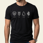 Schwarzes Bier T-Shirt mit minimalistischen Icons der vier Bier-Zutaten Hopfen, Malz, Wasser und Hefe als Frontprint