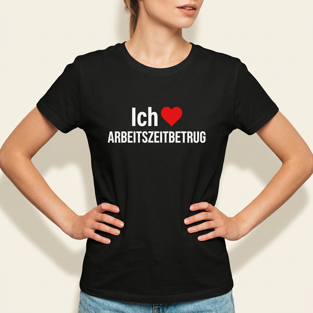 Frau trägt schwarzes Ich liebe Arbeitszeitbetrug Meme Shirt von Krautlegenden