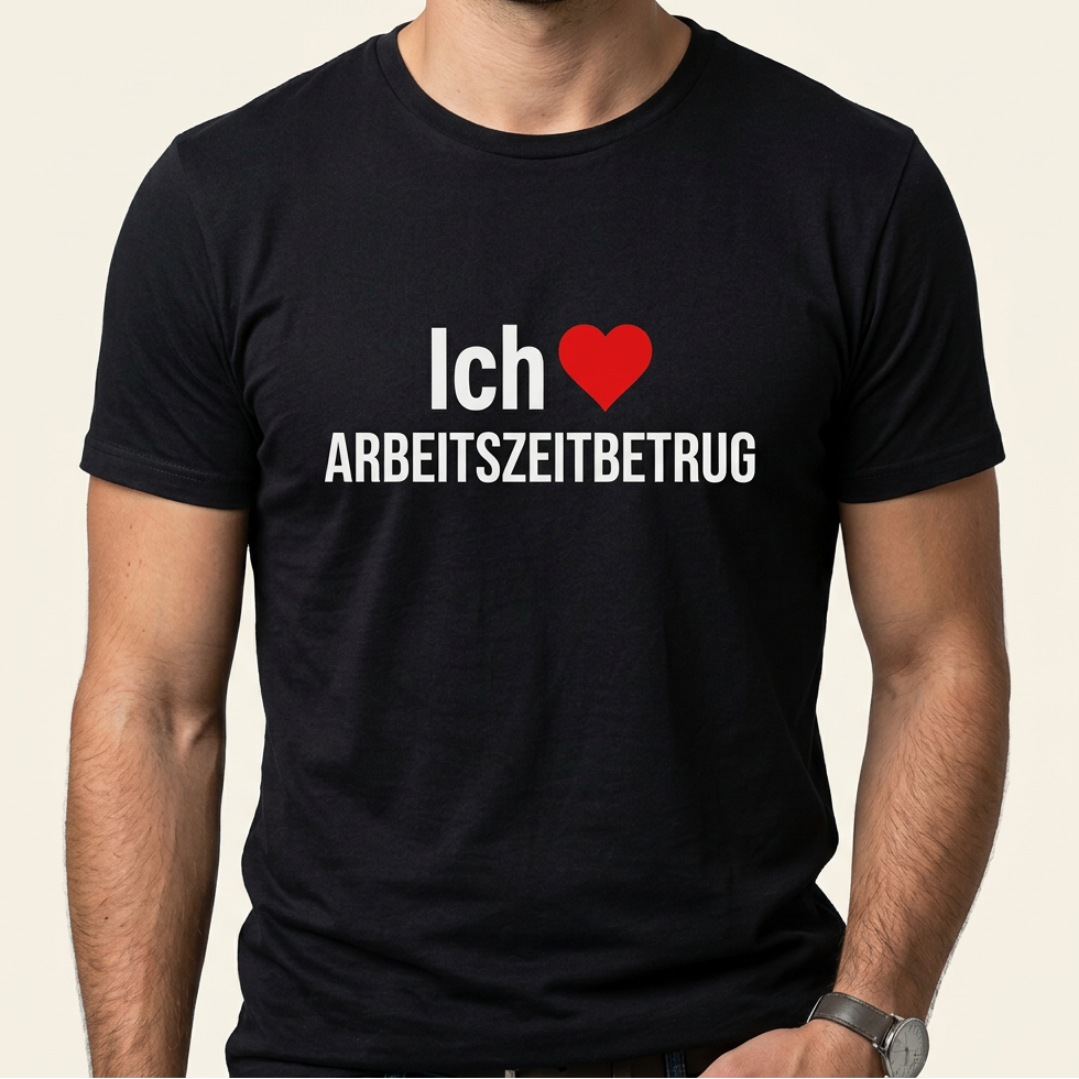 Mann trägt schwarzes Ich liebe Arbeitszeitbetrug Shirt mit rotem Herz