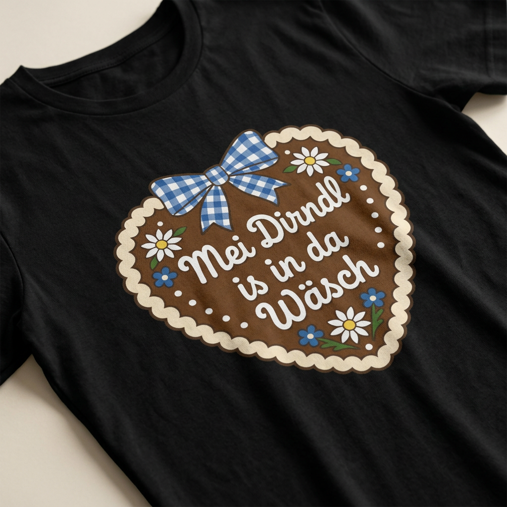 Detailaufnahme Lebkuchenherz mit blau-weißer Schleife und Spruch Mei Dirndl is in da Wäsch