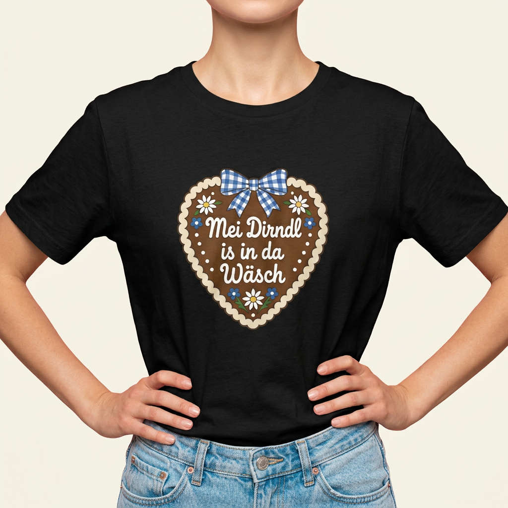 Frau trägt schwarzes Mei Dirndl is in da Wäsch Oktoberfest Shirt im Lebkuchenherz-Look