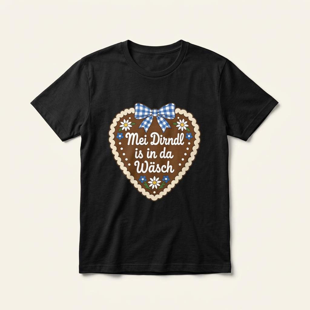 Schwarzes Mei Dirndl is in da Wäsch Shirt – lustiges Wiesn T-Shirt mit Edelweiß und Lebkuchenherz