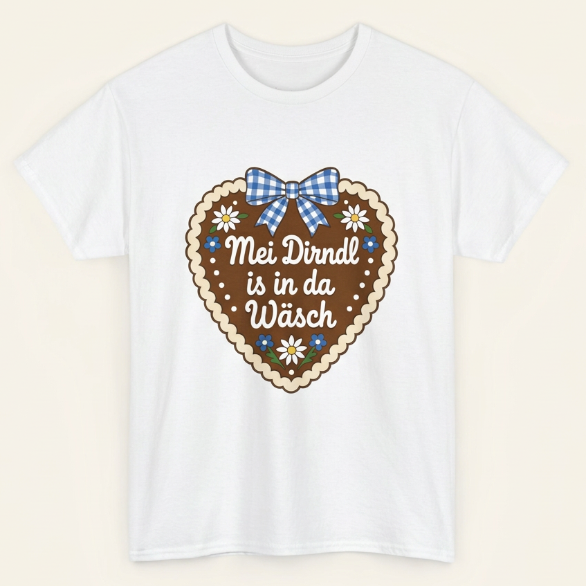 Weißes Mei Dirndl is in da Wäsch Shirt mit Lebkuchenherz-Frontprint für die Wiesn