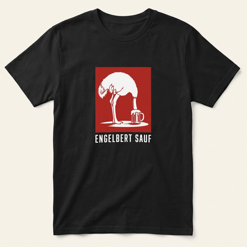 Schwarzes Engelbert Sauf Shirt – lustiges Saufshirt mit Strauß im roten Quadrat als Frontprint