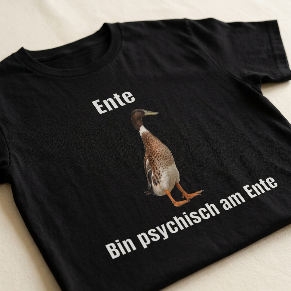 Detailaufnahme Enten Meme Print mit Laufente und Spruch Bin psychisch am Ente