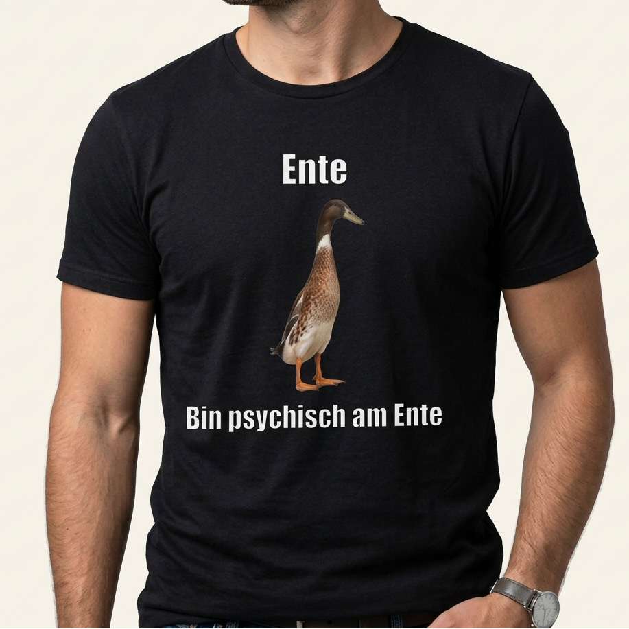 Mann trägt schwarzes Bin psychisch am Ente Shirt mit Laufente