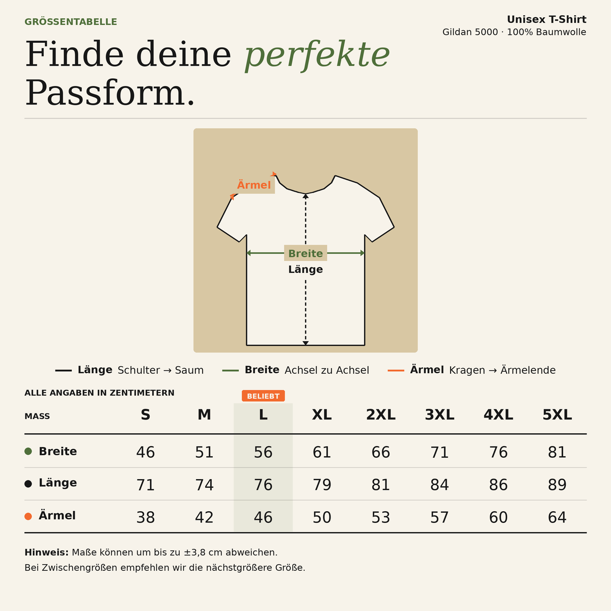 Größentabelle für Unisex T-Shirts von Krautlegenden mit allen Maßen