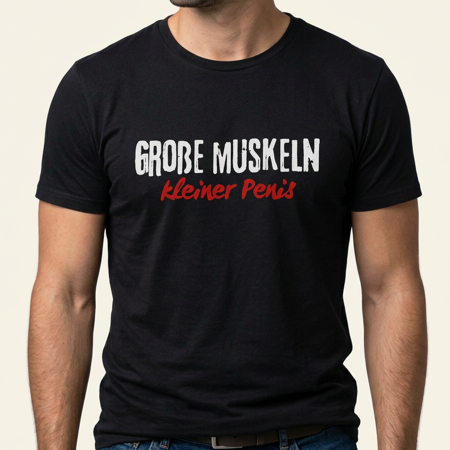 Mann trägt schwarzes Große Muskeln kleiner Penis Shirt – lustiges Gym Shirt