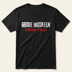 Schwarzes Große Muskeln kleiner Penis Shirt mit weißem Used-Look-Schriftzug und roter Pointe