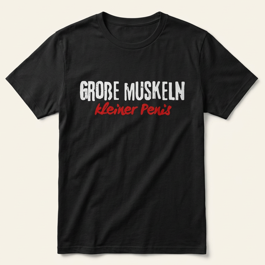 Schwarzes Große Muskeln kleiner Penis Shirt mit weißem Used-Look-Schriftzug und roter Pointe