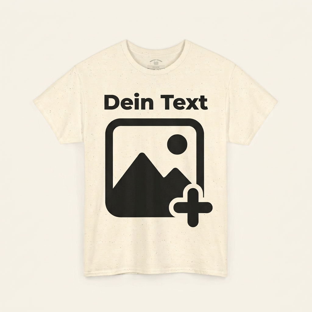 T-Shirt selbst gestalten in Naturbeige – Vorlage mit Platzhalter für eigenes Foto und Text als Frontprint