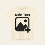 T-Shirt selbst gestalten in Naturbeige – Vorlage mit Platzhalter für eigenes Foto und Text als Frontprint