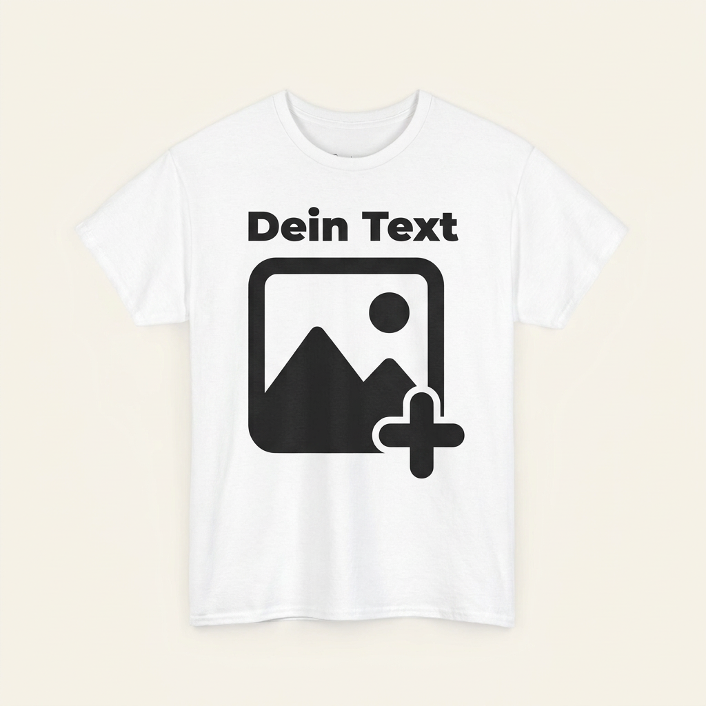 T-Shirt selbst gestalten in Weiß – Vorlage mit Platzhalter für eigenes Foto und Text als Frontprint