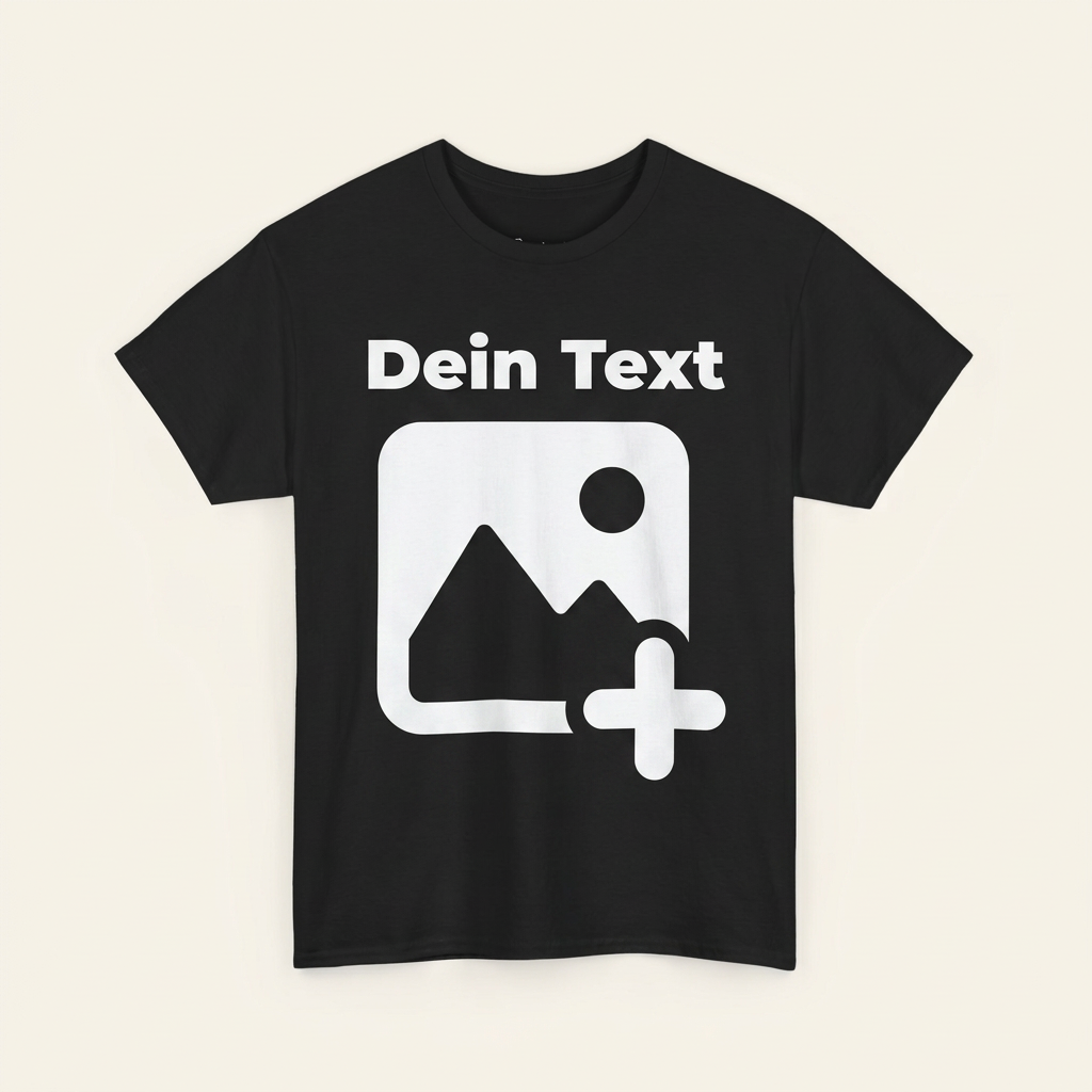T-Shirt selbst gestalten in Schwarz – Vorlage mit Platzhalter für eigenes Foto und Text als Frontprint