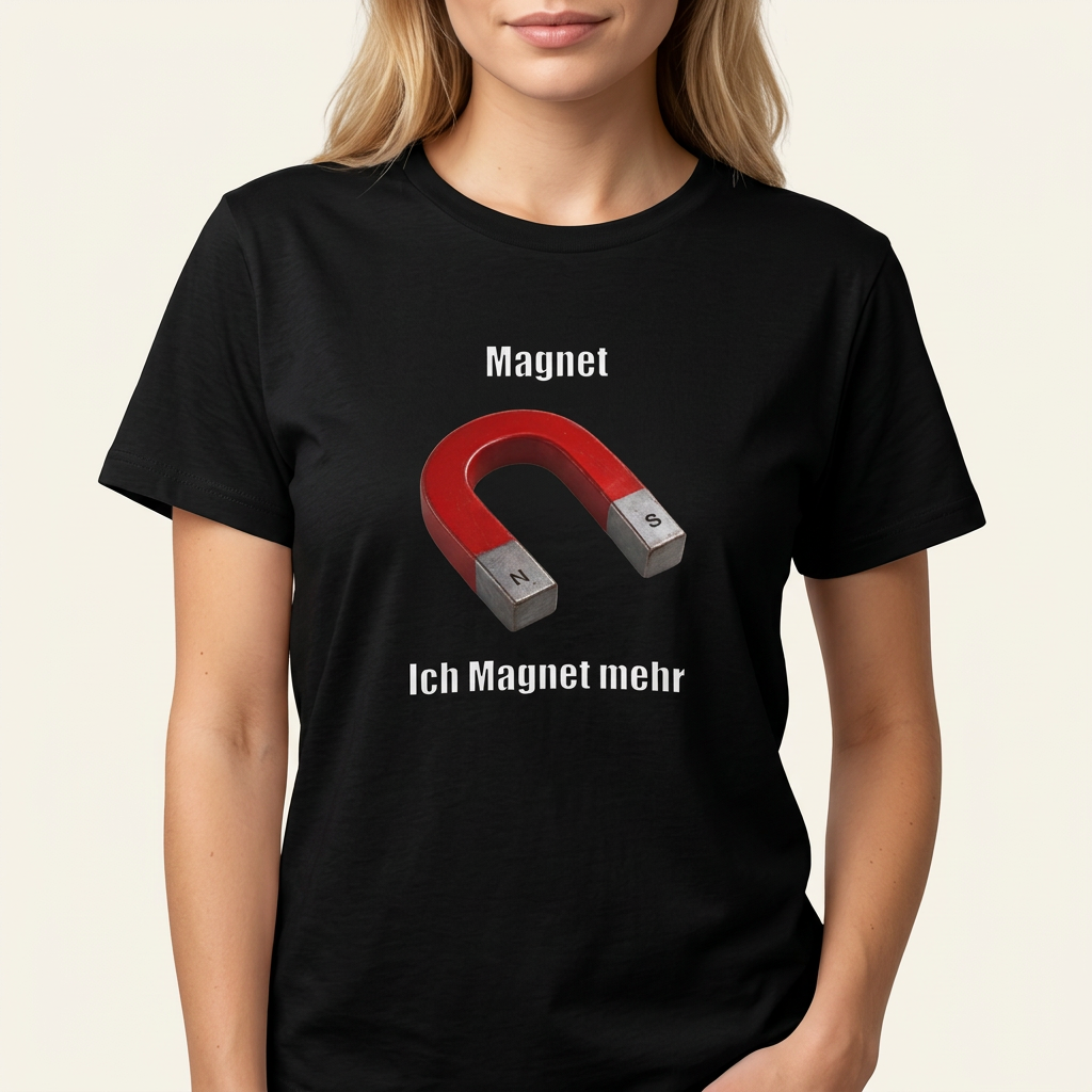 Frau trägt schwarzes Ich Magnet mehr Meme Shirt von Krautlegenden