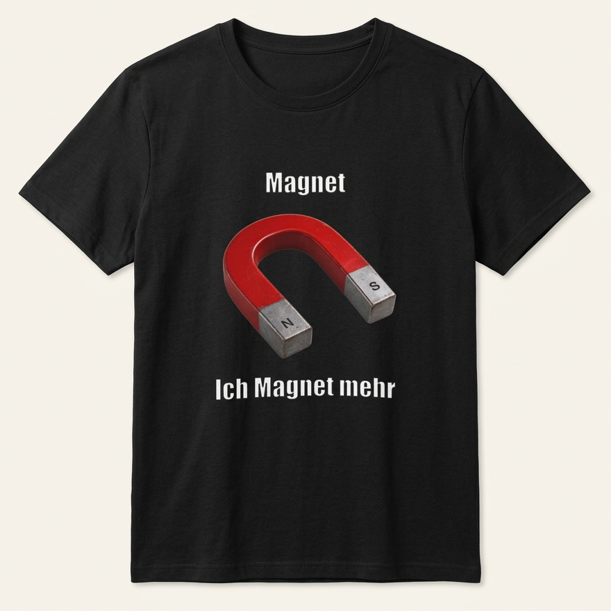 Schwarzes Ich Magnet mehr Shirt – Wortspiel Meme T-Shirt mit Hufeisenmagnet als Frontprint