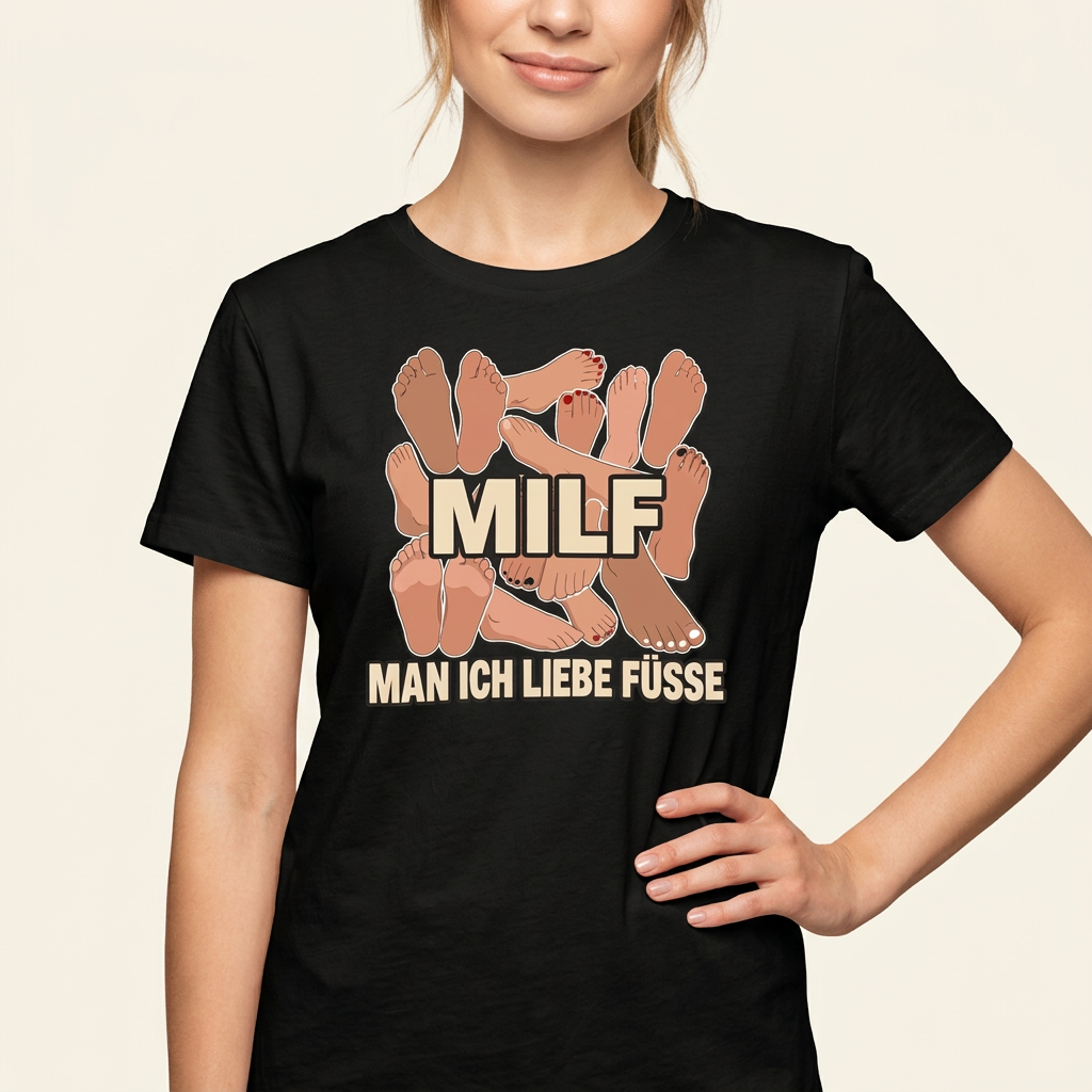 Frau trägt lustiges MILF Wortspiel Shirt in Schwarz – Man ich liebe Füße