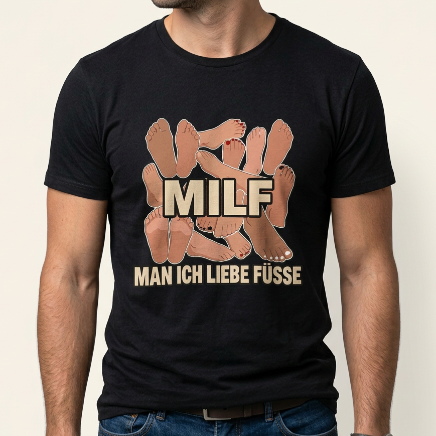 Mann trägt schwarzes MILF Shirt mit Schriftzug Man ich liebe Füße und gezeichneten Füßen