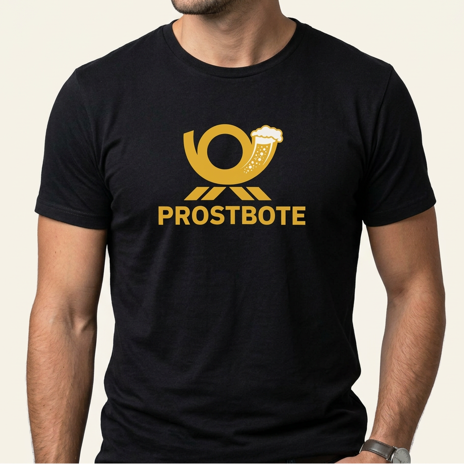 Mann trägt schwarzes Prostbote Shirt mit goldgelbem Posthorn und Bierkrug als Frontprint