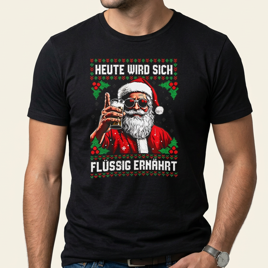 Mann trägt schwarzes lustiges Weihnachtsshirt mit Weihnachtsmann und Spruch Heute wird sich flüssig ernährt