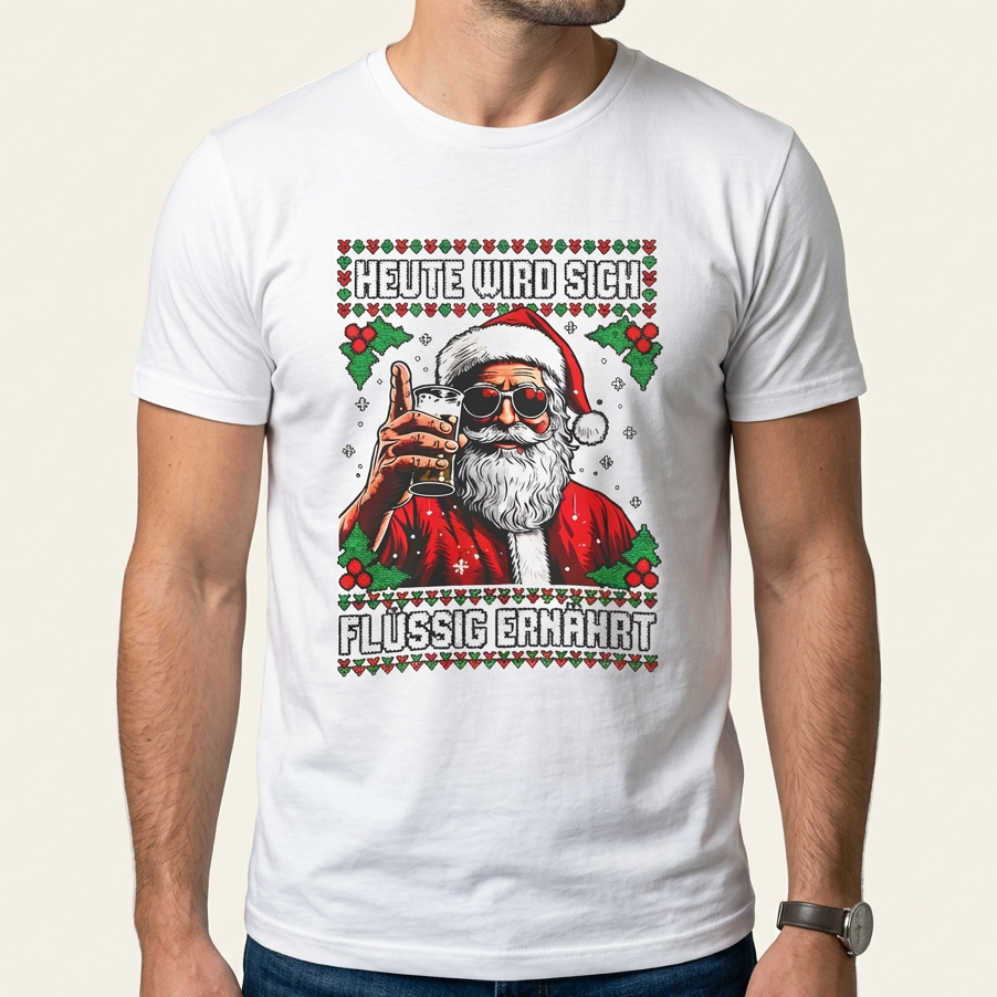 Mann trägt weißes Weihnachtsshirt Heute wird sich flüssig ernährt mit Santa im Ugly-Christmas-Look