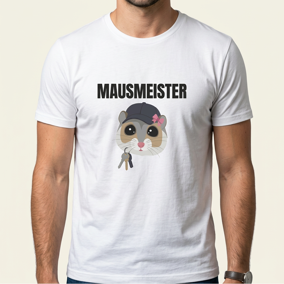 Mann trägt weißes Mausmeister Shirt mit süßer Maus mit Cap und Schlüsselbund