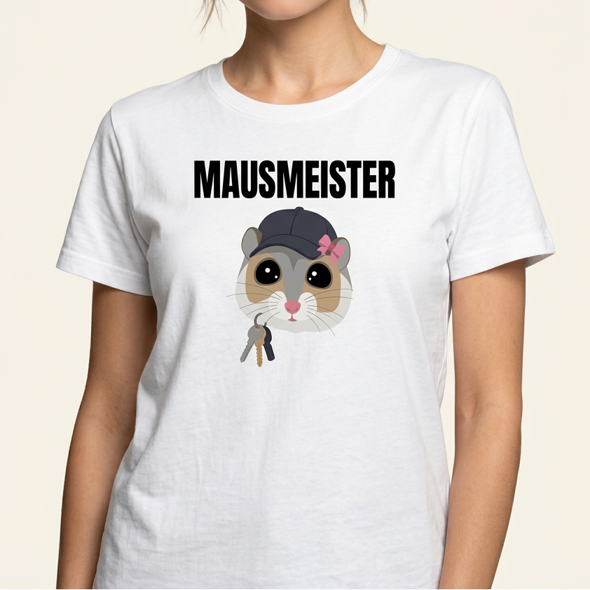 Frau trägt weißes Mausmeister Shirt – lustiges Hausmeister Meme T-Shirt