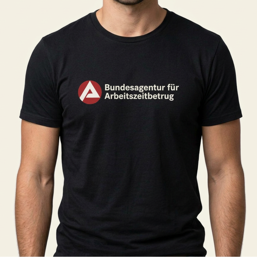 Mann trägt schwarzes Bundesagentur für Arbeitszeitbetrug Shirt mit rotem Behörden-Logo als Frontprint