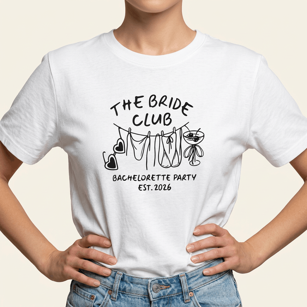 Weißes JGA Shirt mit „The Bride Club Bachelorette Party Est. 2026"-Motiv und Wäscheleine-Illustration für Gruppen