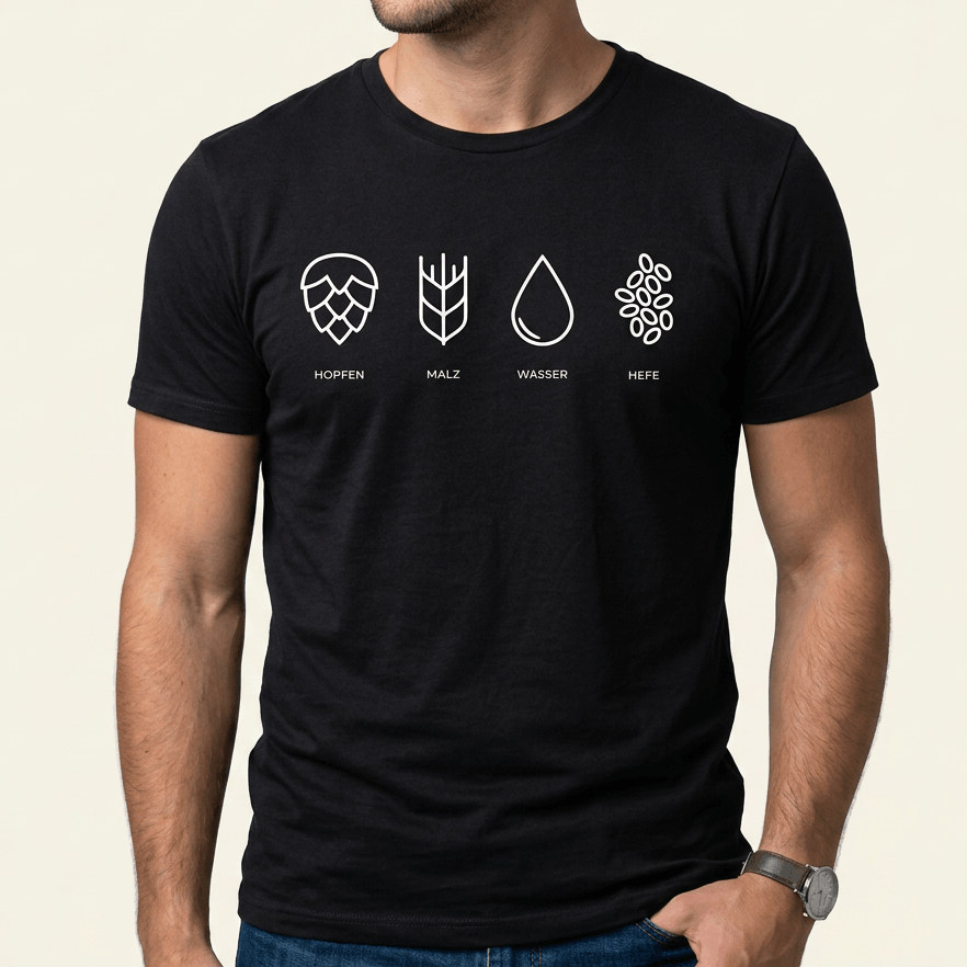 Schwarzes Bier T-Shirt „Hopfen, Malz, Wasser, Hefe" mit vier minimalistischen Zutaten-Icons als Frontprint