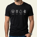 Schwarzes Bier T-Shirt „Hopfen, Malz, Wasser, Hefe" mit vier minimalistischen Zutaten-Icons als Frontprint