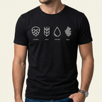 Schwarzes Bier T-Shirt „Hopfen, Malz, Wasser, Hefe" mit vier minimalistischen Zutaten-Icons als Frontprint
