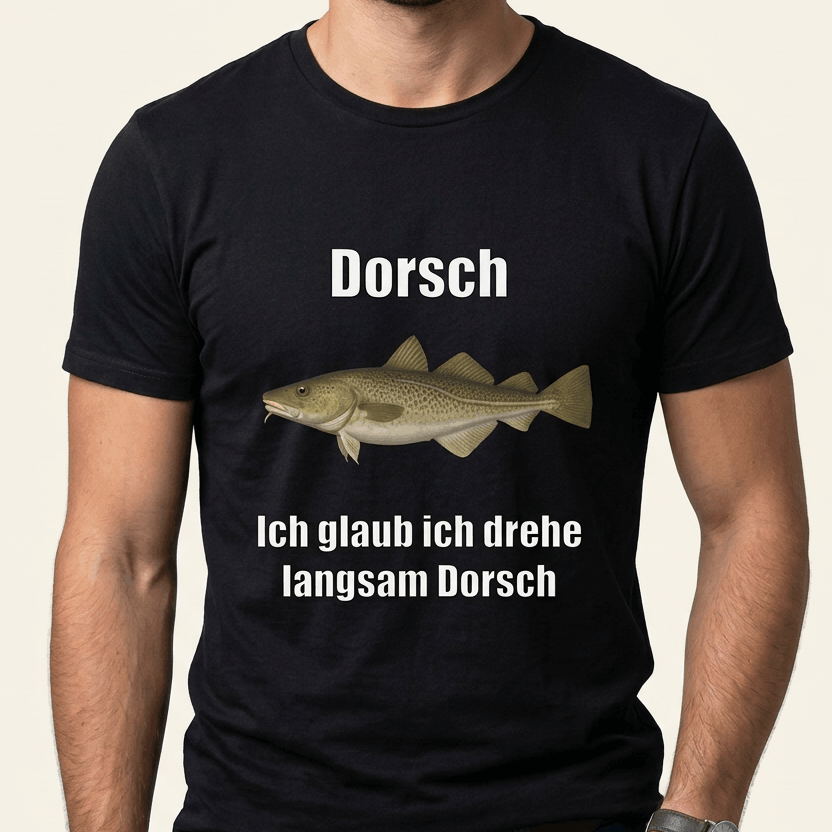 Schwarzes Meme T-Shirt mit dem Spruch „Ich glaub ich drehe langsam Dorsch" und einem Dorsch als Motiv