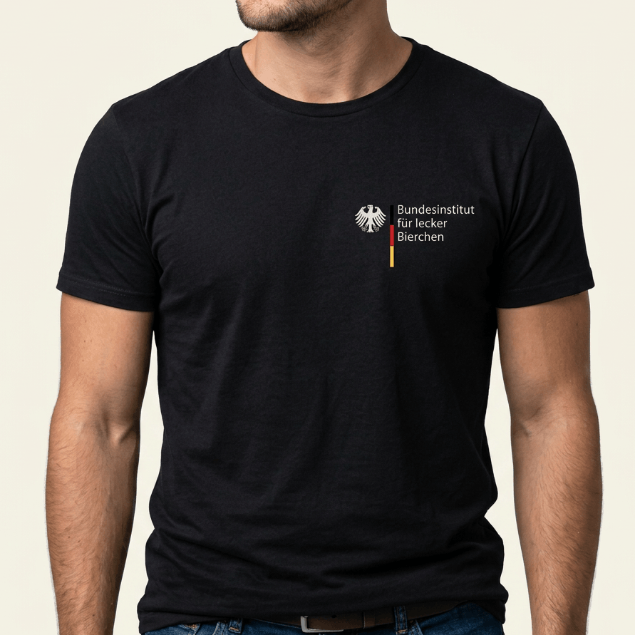 Schwarzes Bier T-Shirt „Bundesinstitut für lecker Bierchen" mit Bundesadler als dezenter Brustprint