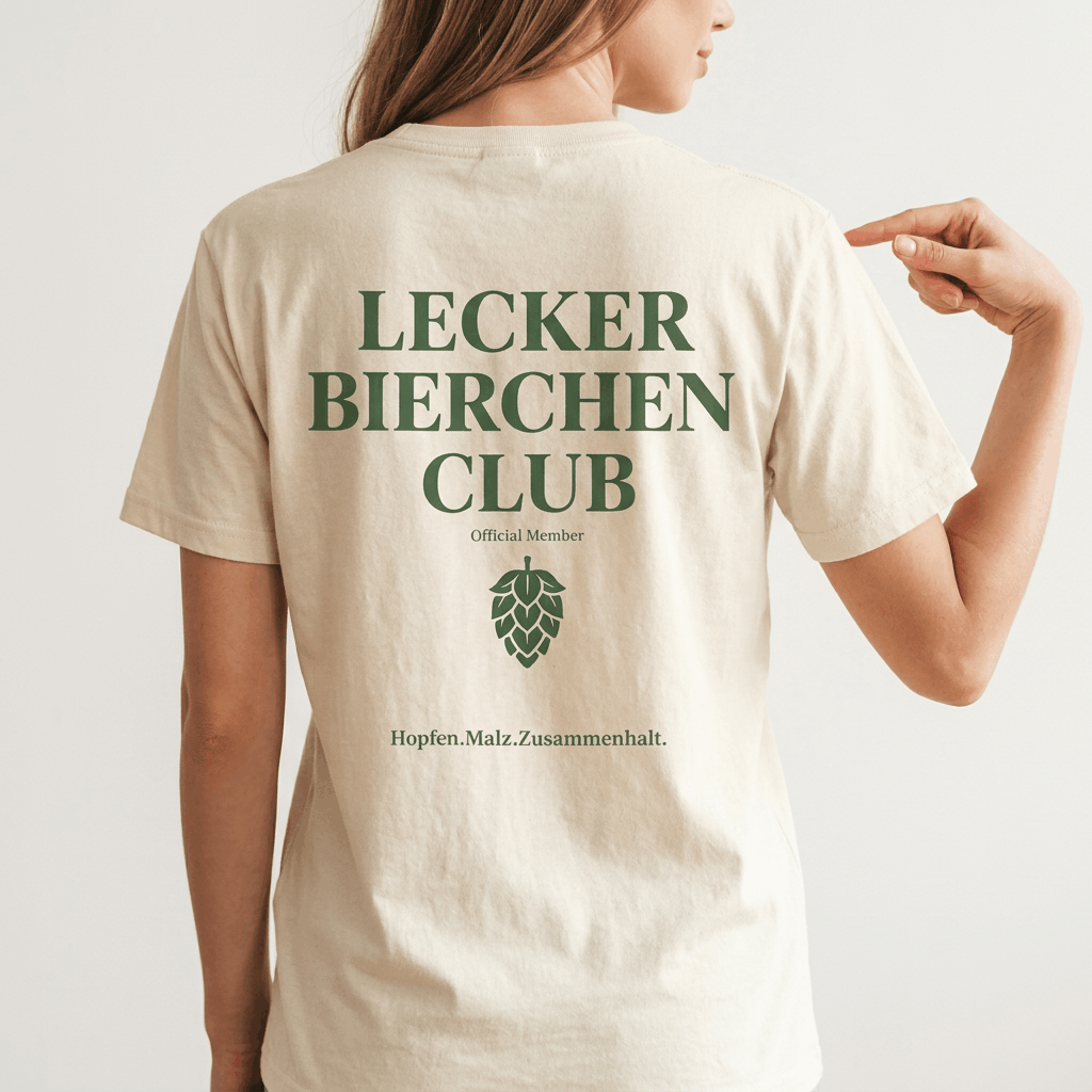 „Lecker Bierchen Club“ Shirt, Detailansicht des Rückenprints – Bier-Shirt für Party und JGA