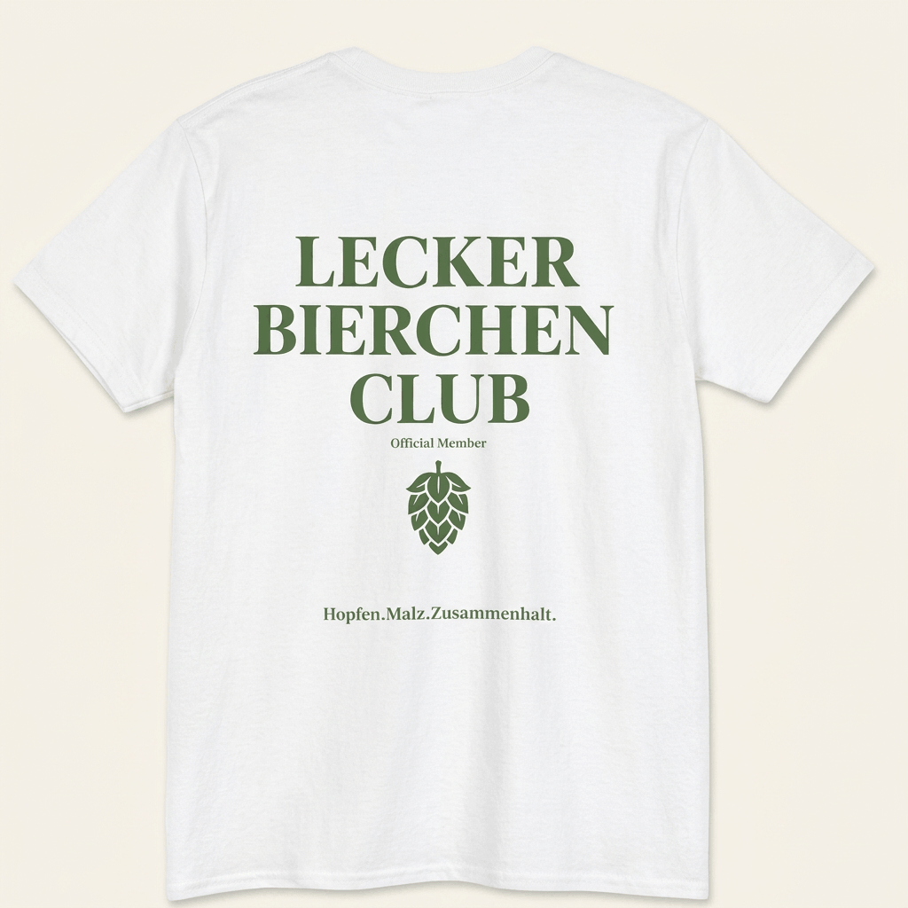 „Lecker Bierchen Club“ Bier T-Shirt, Produktansicht – Saufshirt mit Rückenprint für die Trinkrunde