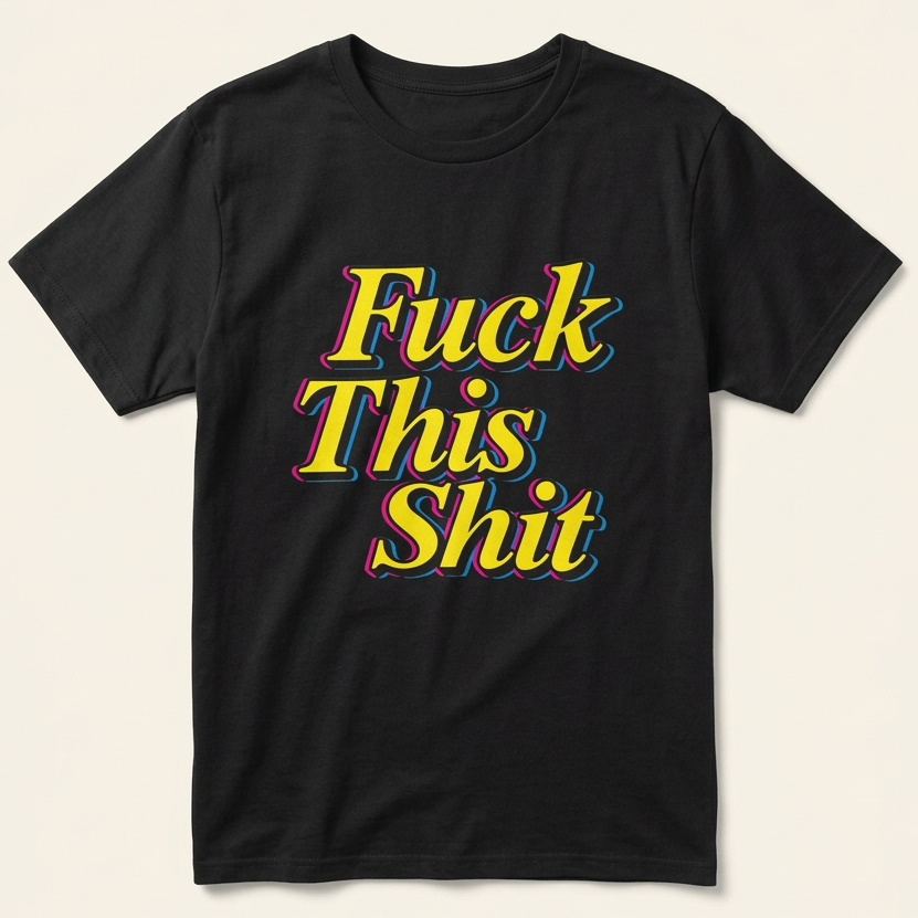 Fuck This Shit T-Shirt in Schwarz mit gelbem Retro-Schriftzug und Pink-Blau-Schatten – Produktansicht