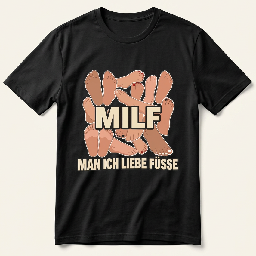 MILF – Man ich liebe Füße T-Shirt in Schwarz mit Fuß-Illustration als Frontprint – Produktansicht