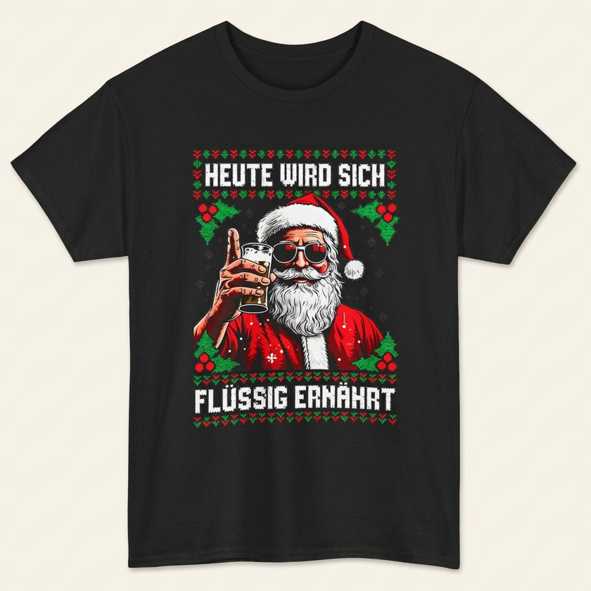 Schwarzes Ugly Christmas T-Shirt mit Santa und Spruch Heute wird sich flüssig ernährt – Produktansicht