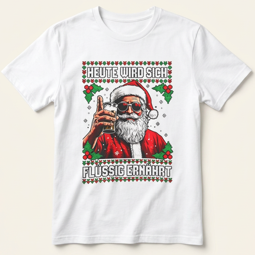 Heute wird sich flüssig ernährt Shirt in Weiß mit Weihnachtsmann, Sonnenbrille und Glas – Produktansicht