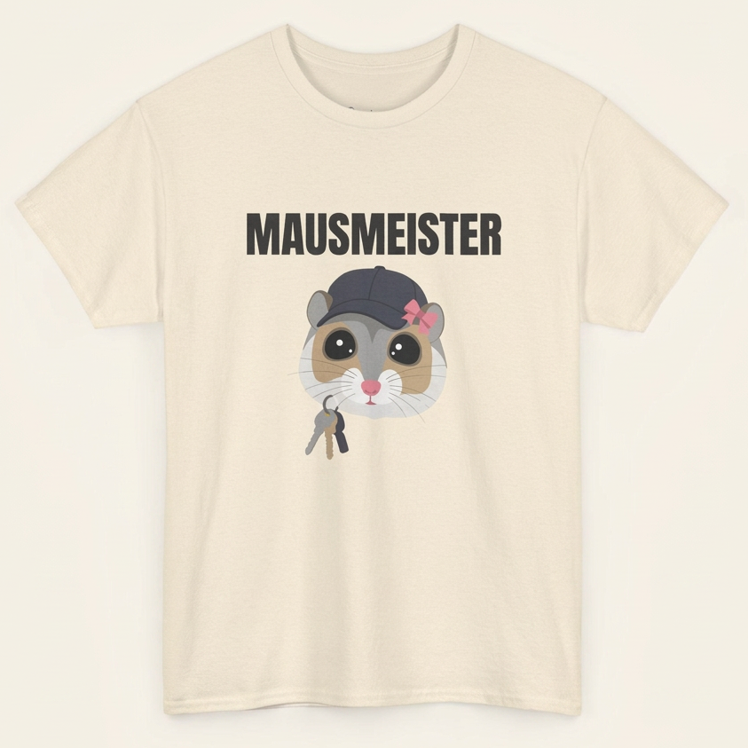 Mausmeister T-Shirt in Naturbeige mit Maus, Cap und Schlüsselbund – Produktansicht