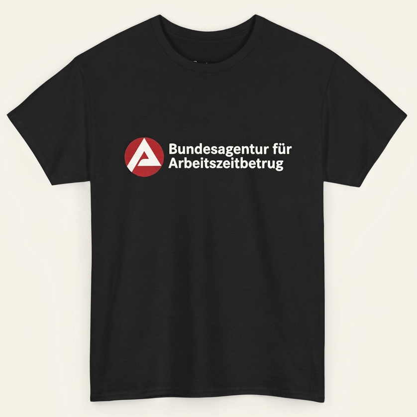 Schwarzes Arbeitszeitbetrug T-Shirt mit Frontprint im Behörden-Look – Produktansicht