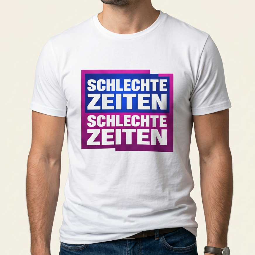 Person trägt Schlechte Zeiten Shirt mit farbigem Meme-Frontprint