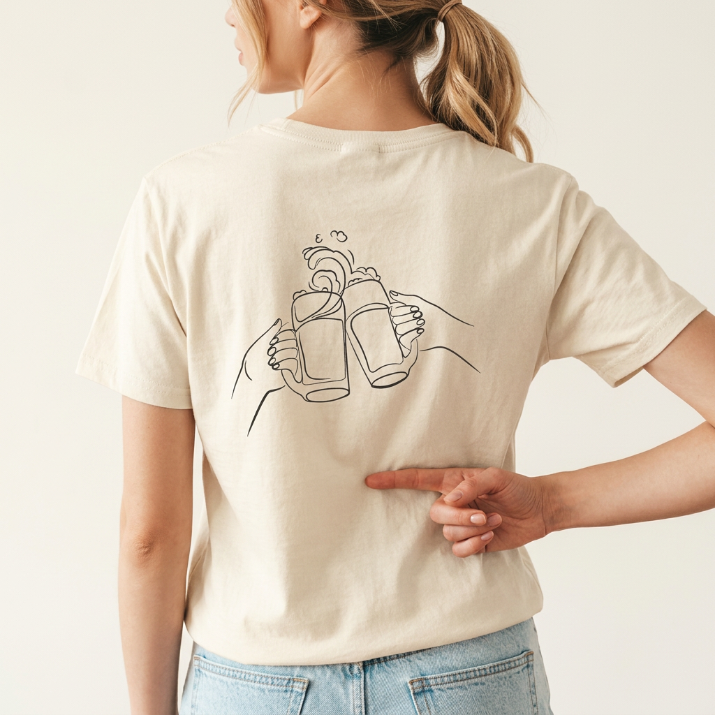 Cheers Shirt mit zwei anstoßenden Bierkrügen als One-Line-Art auf dem Rücken