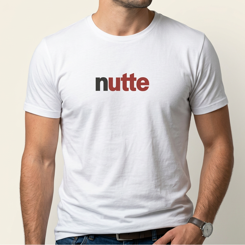 Person trägt weißes Nutte Shirt mit frechem Wortwitz als Frontprint