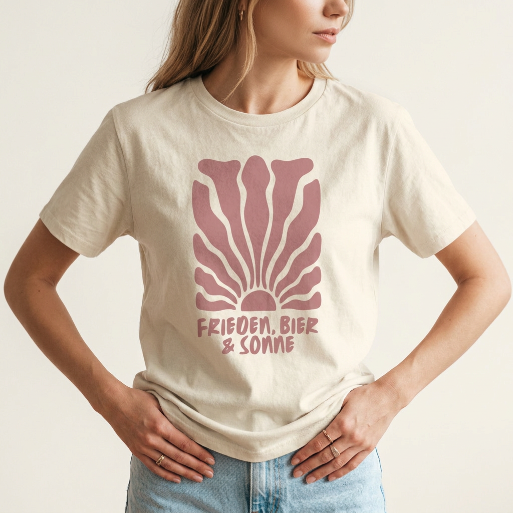 „Frieden, Bier & Sonne“ Shirt, weitere Ansicht – Boho-Sonnen-Motiv für Festival & Open Air